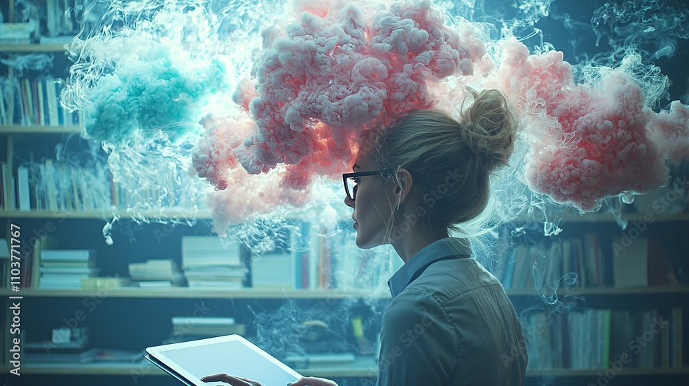 Poster a creative woman using a tablet to brainstorm new technological innovations in an artistic studio st