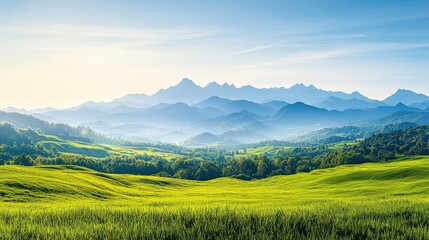 A stunning view of rolling green hills and majestic mountains under a clear blue sky, evoking a sense of peace and tranquility in nature.