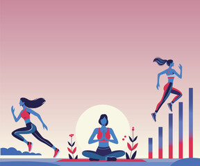 Vector flat illustration of woman in sports. Sports day. Woman jumping, running and yoga. Design trendy fashionable colors with abstract minimalistic background. Suitable for fitness and healthy