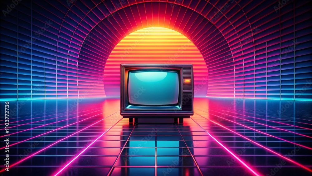 Poster retro abstract symmetrical tech background featuring a crt monitor effect with stylized silhouettes 