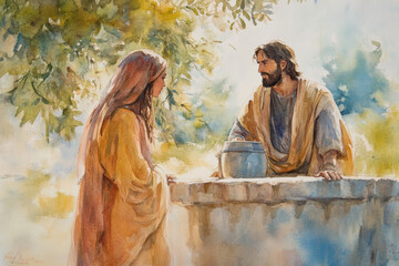 Jesus talking to a Samaritan woman at the well, offering her living water. The watercolor uses earthy browns, soft blues, and gentle whites to evoke acceptance, grace, and divine revelation.