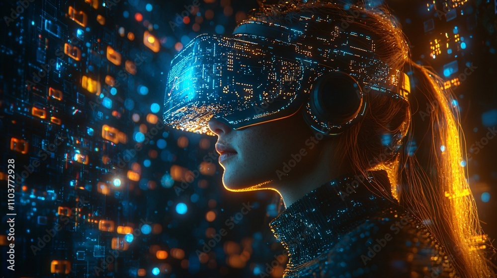 Poster A female innovator testing smart wearable devices in a high-tech lab Stock Photo with side copy space