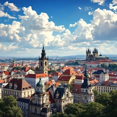 Fototapeta premium Aerial view of Prague's skyline from Petřín Hill.
