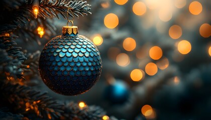 Obraz premium realistic Christmas bauble in fish scales, colors: navy blue and coral; festive, bright, beautiful background. Blurry lights, golden bokeh, creating a visually appealing scene for Christmas decoration