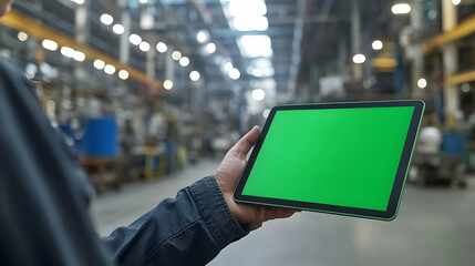 Factory Worker Holding Tablet with Green Screen, Industrial Technology and Digital Transformation