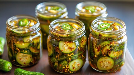 Homemade Spicy Pickles in Jars with Fresh Cucumbers and Chili Peppers Indian food cuisine