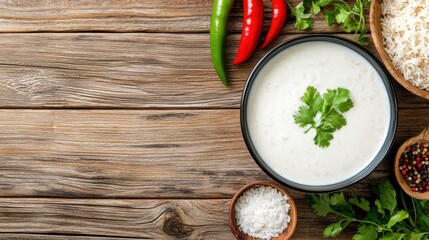 Creamy Sauce with Fresh Herbs and Spices on Rustic Wooden Table Indian food cuisine