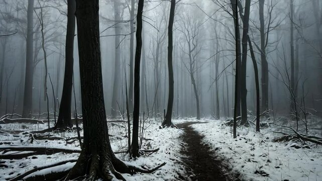 Video footage of foggy forest with tall, leafless trees and a snow covered ground. A narrow path winds through the trees, creating a mysterious and serene atmosphere