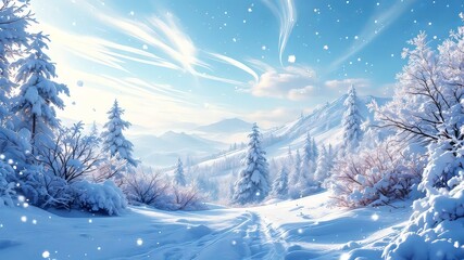 AI-crafted winter scene: blue sky, soft snow, stunning.
