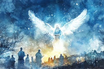 A peaceful, glowing digital watercolor scene of an angel appearing in the sky to shepherds, their faces filled with awe as the announcement of the Saviorâ€™s birth fills the air