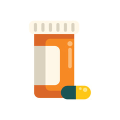 Orange plastic medical container with blank label and pills is lying nearby on white background