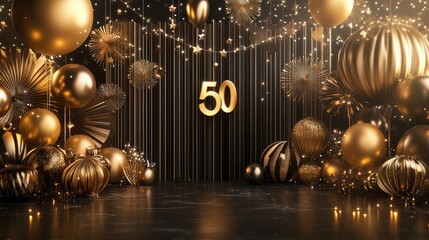 Elegant gold-themed backdrop for a 50th birthday celebration, featuring 3D balloons, stars, and a prominent golden '50' in a festive setting.