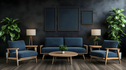Mid-Century Modern Living Room, Dark Walls, Navy Sofa, Wooden Accents, and Greenery