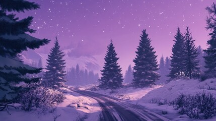 Snowy forest landscape at night featuring a winding road and tall trees under a purple sky filled with stars, capturing a serene holiday atmosphere.