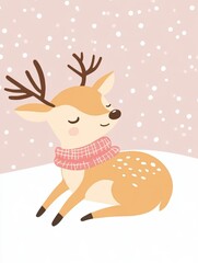 Naklejka premium Small reindeer wearing a carf, sitting on snow with a pastel background.