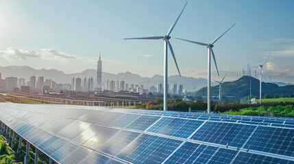 A highly realistic image depicts a renewable energy landscape, featuring solar panels and wind turbines, set against the backdrop of a bustling cityscape