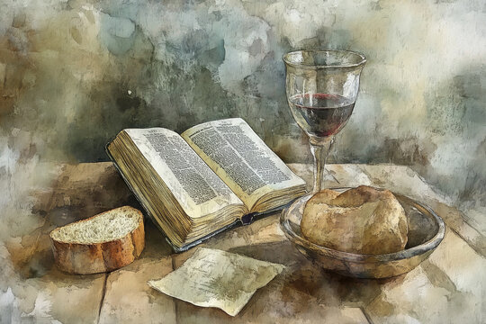 A thoughtful digital watercolor painting of the Eucharistic symbols on a wooden table: a Bible open to the relevant scriptures, a wine glass, and bread. The peaceful, muted tones of the scene evoke