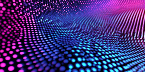 Futuristic holographic grid in electric blue and magenta, with glowing hexagonal patterns and gradients fading into dark space. High-tech style.