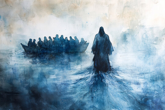 Jesus walking on the water towards his disciples in a boat, with a calm expression. The watercolor uses cool blues, grays, and soft whites to create a moment of peace and divine power over the storm.