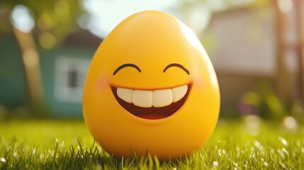 Cheerful cartoon egg character with a big smile, standing on green grass, illuminated by warm sunlight, exuding happiness and joy.