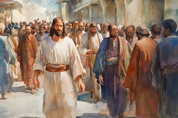 Jesus walking with a crowd of people, gently teaching as they listen attentively. The watercolor uses soft earth tones and natural hues to create a warm, inviting atmosphere of fellowship.
