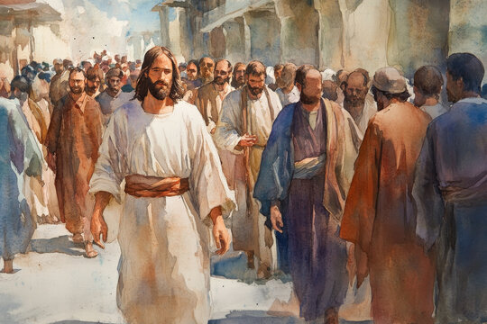 Jesus walking with a crowd of people, gently teaching as they listen attentively. The watercolor uses soft earth tones and natural hues to create a warm, inviting atmosphere of fellowship.