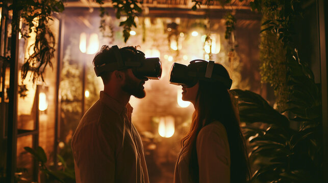Couple Experiencing Virtual Reality in Tropical Setting 