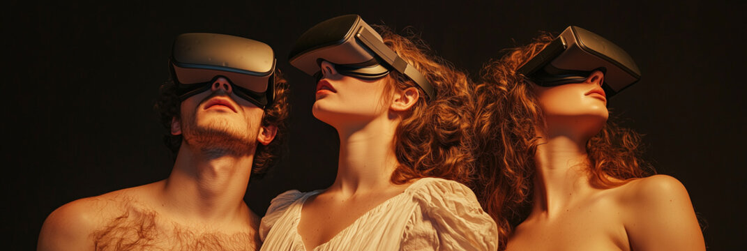 Three People Wearing VR Headsets in Futuristic Setting