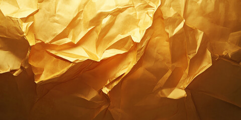 Golden crumpled paper texture with bright, reflective tones. Folds and highlights create a luxurious, high-impact visual.