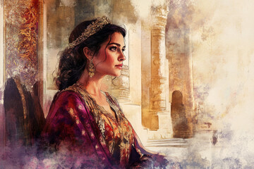 A powerful digital watercolor illustration of Queen Esther in the Persian court, preparing to speak to King Xerxes. The intricate details of her royal gown and the opulence of the palace reflect her