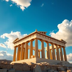 Obraz premium AI-rendered Parthenon on the Athenian Acropolis, blue sky backdrop.