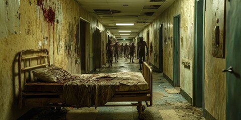 Horror scene of a hospital, with a hospital bed, zombies down the entire hallway, dilapidated looking hallway