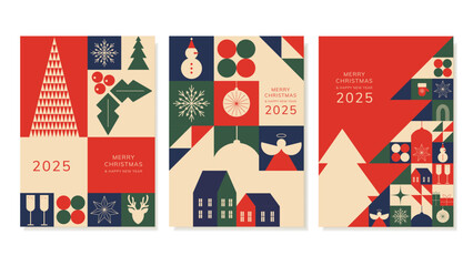 Christmas Cards with Geometric Patterns. Colourful Vector Templates with Greetings for New Year and Christmas. Flat Drawing of Christmas Tree, Gifts and Scandinavian Houses in Retro Style.
