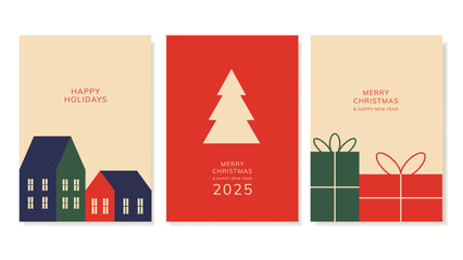 Christmas Minimalistic Cards. Colourful Vector Templates with Greetings for New Year. Flat Drawing of Christmas Tree, Gifts and Scandinavian Houses in Retro Style.