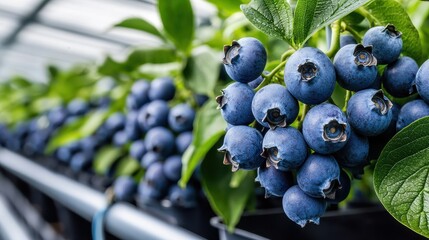 Fototapeta premium Greenhouse Blueberry Concept, Fresh Blueberries Hanging on Lush Green Bushes in Modern Irrigation Setup