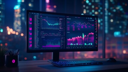 Obraz premium Desktop computer monitor desk dark room cityscape background displaying