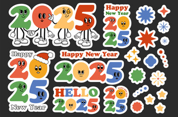 2025 Happy New Year stickers pac. Groovy cartoon characters. Funny retro set of 2025 mascot with face emotion. Comic elements in trendy retro cartoon style. Vector illustration