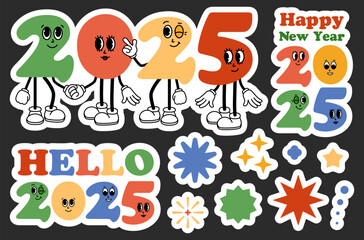 2025 Happy New Year stickers pac. Groovy cartoon characters. Funny retro set of 2025 mascot with face emotion. Comic elements in trendy retro cartoon style. Vector illustration