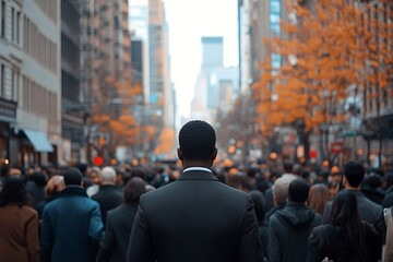Obraz premium Autumn Metropolis Man Amidst Rush Hour Crowd