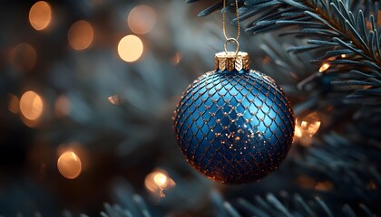 Fototapeta premium realistic Christmas bauble in fish scales, colors: navy blue and coral; festive, bright, beautiful background. Blurry lights, golden bokeh, creating a visually appealing scene for Christmas decoration