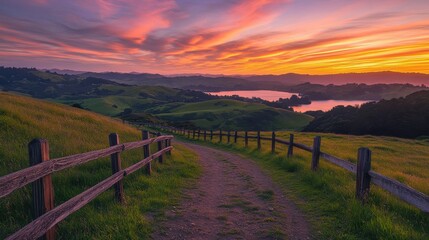 Sunset Country Road: Serene landscape photography captures a picturesque country road winding through lush green hills towards a breathtaking sunset over a tranquil lake.
