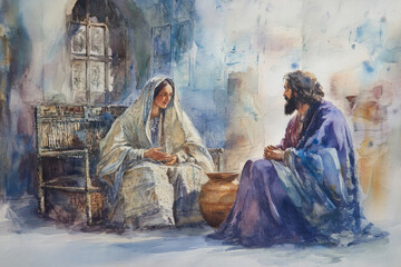 Jesus sitting with Mary and Martha, offering words of comfort and encouragement. The watercolor uses soft blues, purples, and browns to create an intimate, peaceful scene of divine companionship.