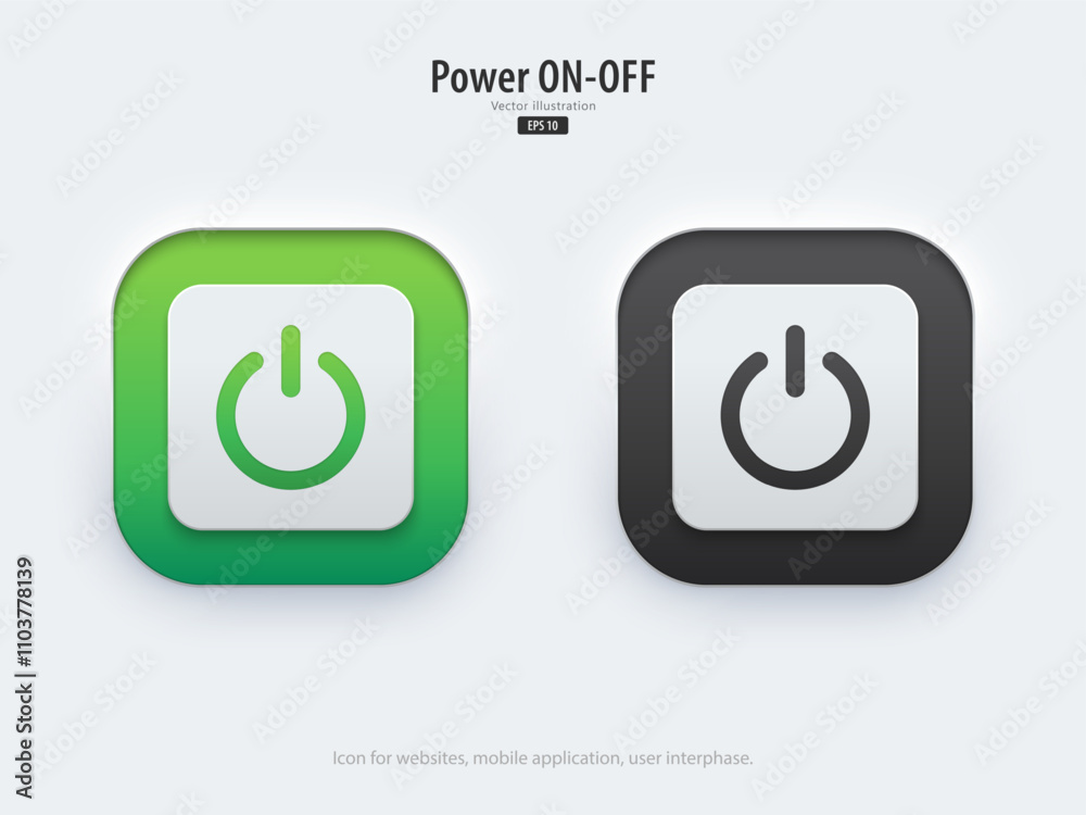 Poster Power button. A set of active and inactive buttons have neon lights with Power symbols. 3D button trendy neumorphism style for apps, websites, interfaces. Vector illustration.