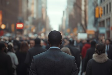 Fototapeta premium Back View Anonymous Man in Suit Walking Busy City Crowd