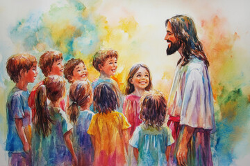 Naklejka premium Jesus standing with a group of children, smiling warmly at them, while a soft light surrounds them. The watercolor uses bright, cheerful colors to reflect innocence, love, and divine presence.