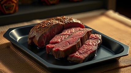 Black tray showcases a premium beef strip loin steak, perfect for an elevated dining experience.  Stunning architectural photography.