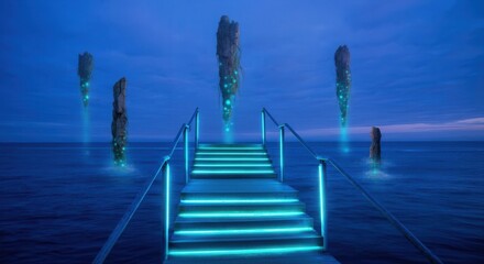 Mystical glowing staircase ascending ocean at twilight