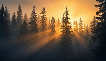 A foggy forest at sunset with silhouetted pine trees and sunbeams through the mist.