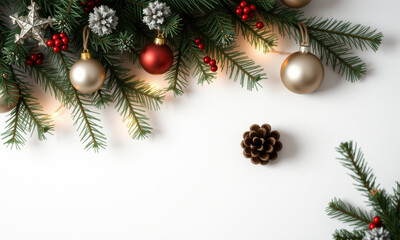 Christmas decoration with pine cones, ornaments, and greenery. festive arrangement features red and gold baubles, silver stars, and vibrant berries, creating warm holiday atmosphere