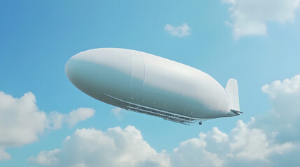 A sleek, white airship floating in a blue sky with soft clouds.
